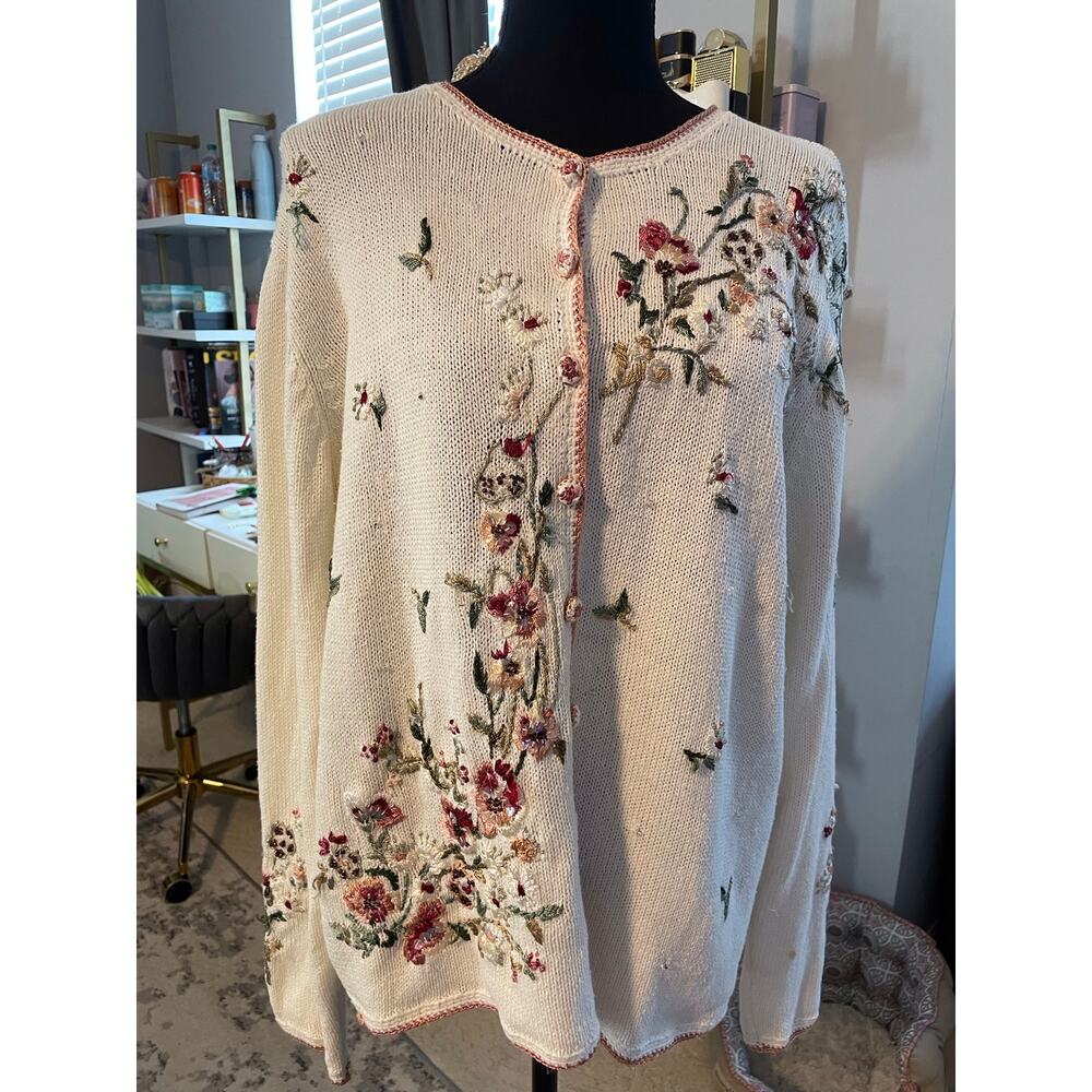 Vintage Y2K Tiara International Floral Embroidered Sequin Cardigan L - Picture 4 of 8
